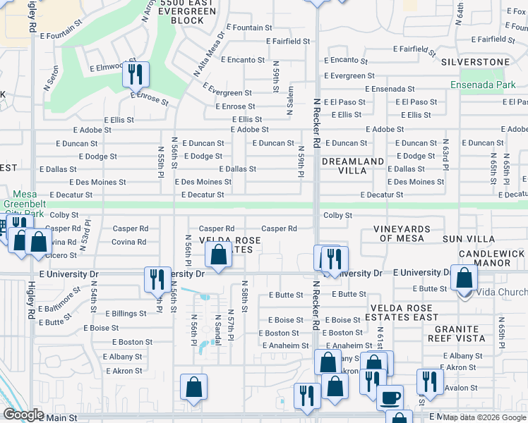 map of restaurants, bars, coffee shops, grocery stores, and more near 5832 Colby Street in Mesa