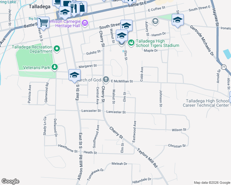 map of restaurants, bars, coffee shops, grocery stores, and more near 714 Walnut Street in Talladega