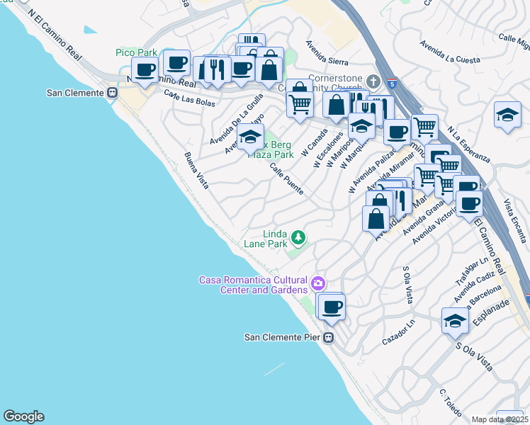 map of restaurants, bars, coffee shops, grocery stores, and more near 233 West Escalones in San Clemente