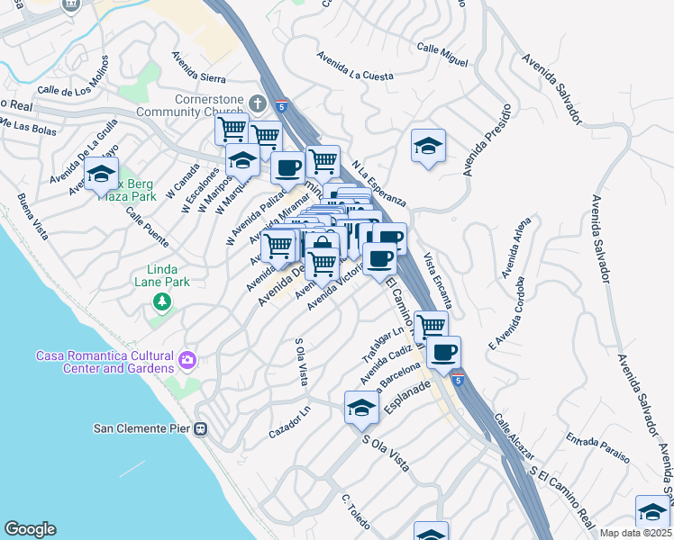 map of restaurants, bars, coffee shops, grocery stores, and more near 137 Avenida Granada in San Clemente