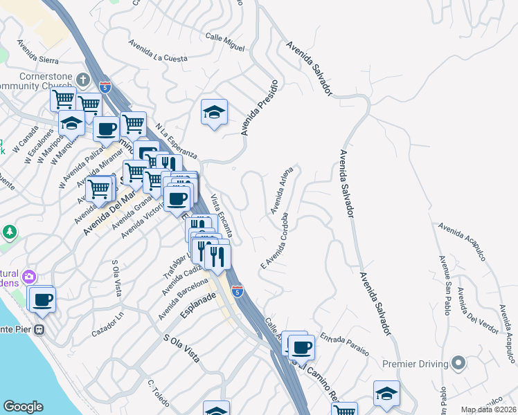 map of restaurants, bars, coffee shops, grocery stores, and more near 314 South La Esperanza in San Clemente