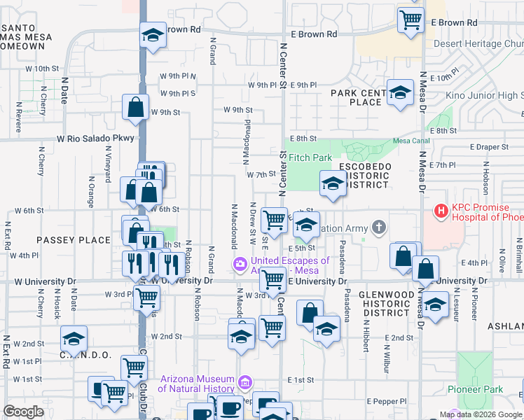 map of restaurants, bars, coffee shops, grocery stores, and more near 566 North Drew Street East in Mesa