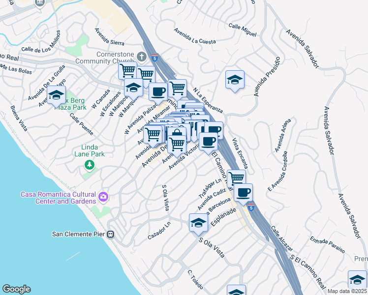 map of restaurants, bars, coffee shops, grocery stores, and more near 137 Avenida Granada in San Clemente