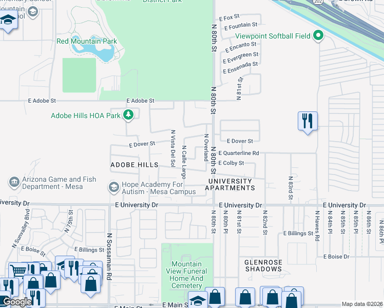 map of restaurants, bars, coffee shops, grocery stores, and more near 609 North Piedra in Mesa