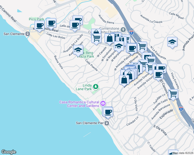 map of restaurants, bars, coffee shops, grocery stores, and more near 212 La Paloma in San Clemente