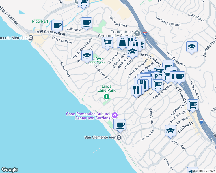 map of restaurants, bars, coffee shops, grocery stores, and more near 212 La Paloma in San Clemente