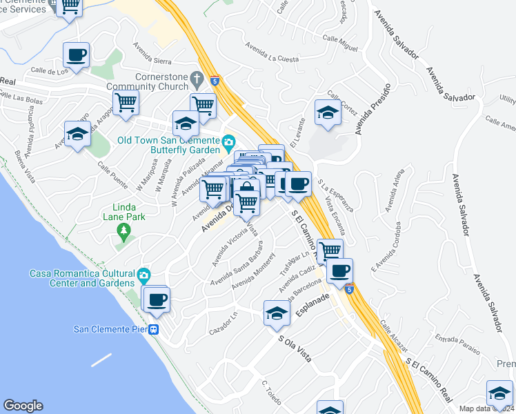 map of restaurants, bars, coffee shops, grocery stores, and more near 229 Avenida Del Mar in San Clemente