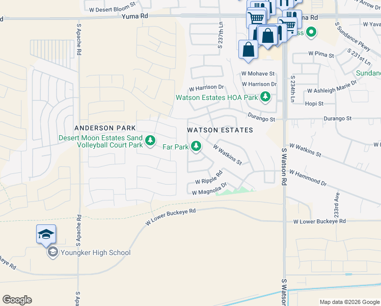map of restaurants, bars, coffee shops, grocery stores, and more near 2261 South 238th Lane in Buckeye