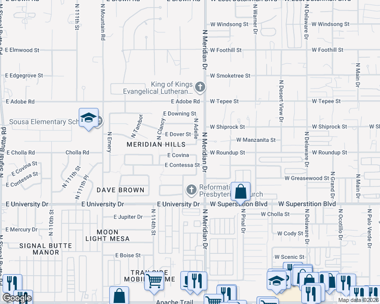 map of restaurants, bars, coffee shops, grocery stores, and more near 11542 East Covina in Mesa