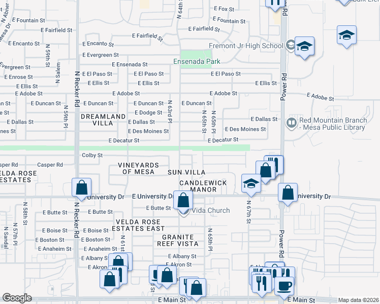 map of restaurants, bars, coffee shops, grocery stores, and more near 551 North 64th Place in Mesa
