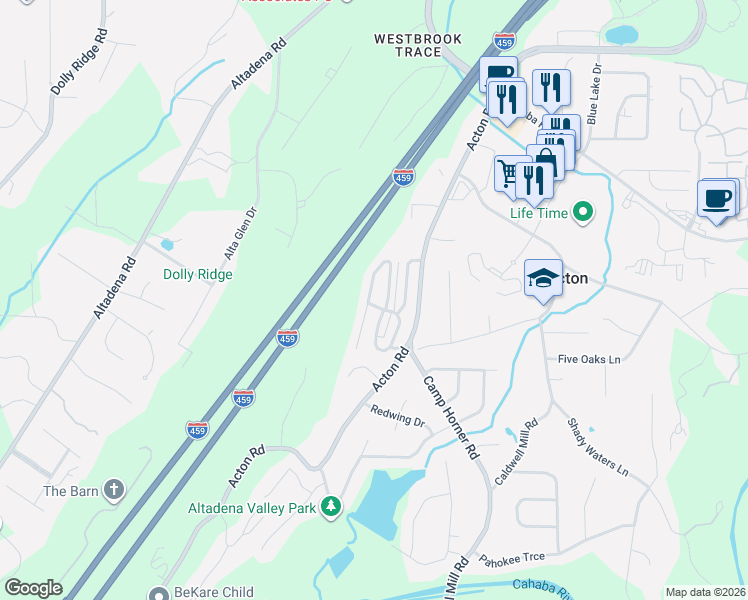 map of restaurants, bars, coffee shops, grocery stores, and more near 2386 Acton Park Circle in Birmingham