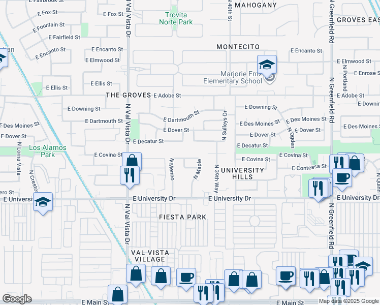 map of restaurants, bars, coffee shops, grocery stores, and more near 3828 East Covina Street in Mesa