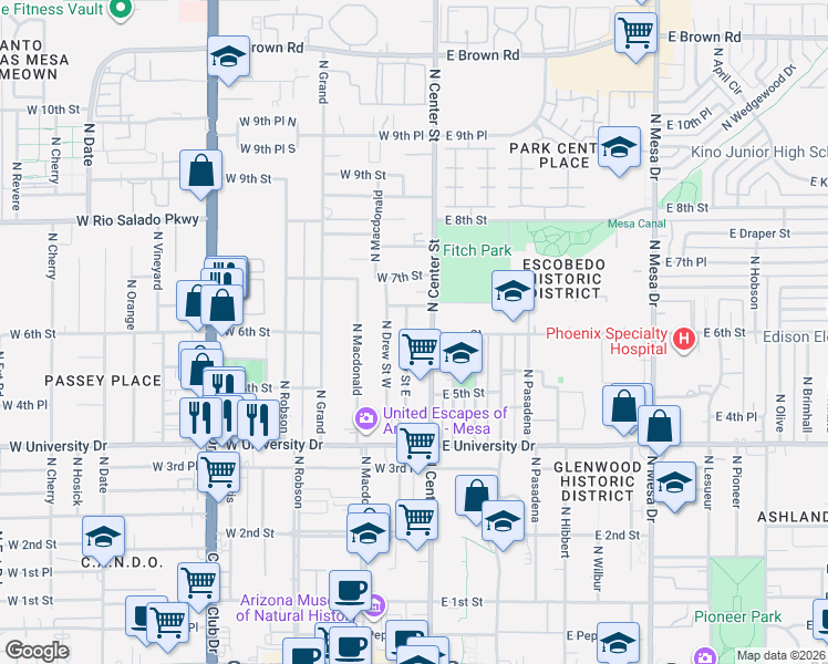 map of restaurants, bars, coffee shops, grocery stores, and more near 566 North Drew Street East in Mesa