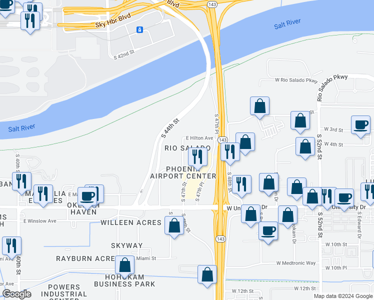 map of restaurants, bars, coffee shops, grocery stores, and more near 2499 South 47th Street in Phoenix