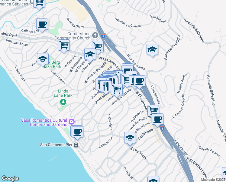 map of restaurants, bars, coffee shops, grocery stores, and more near 166 Avenida Del Mar in San Clemente