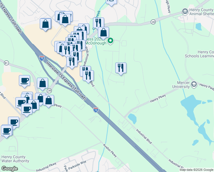 map of restaurants, bars, coffee shops, grocery stores, and more near 277 Village Drive in McDonough