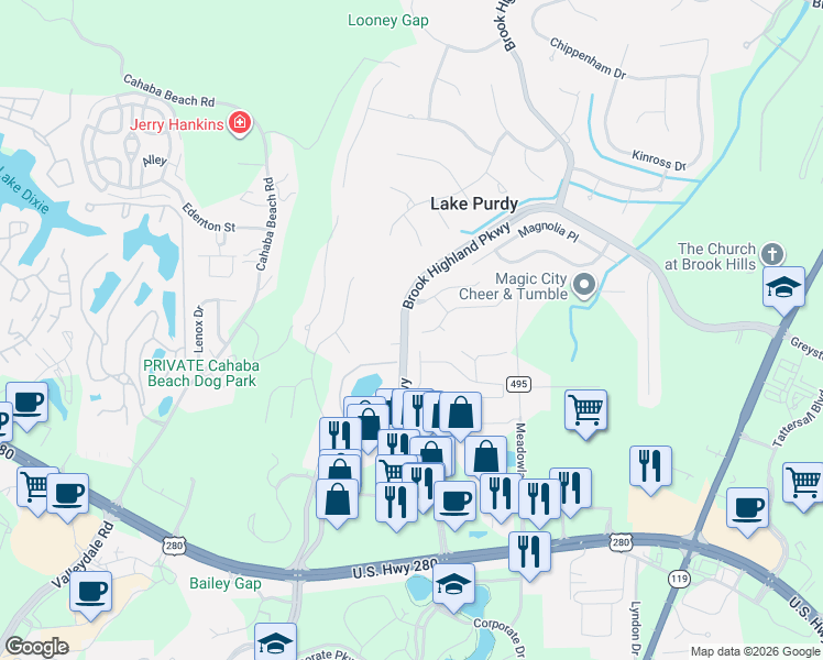map of restaurants, bars, coffee shops, grocery stores, and more near 1801 Stone Brook Lane in Birmingham