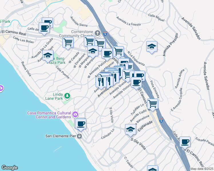 map of restaurants, bars, coffee shops, grocery stores, and more near 166 Avenida Del Mar in San Clemente