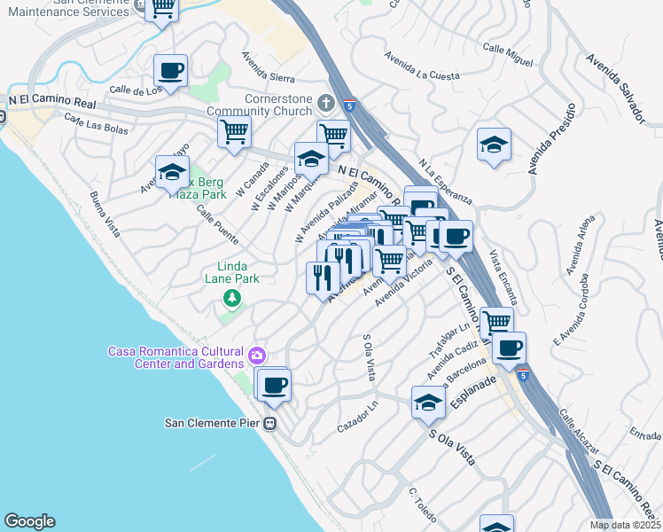 map of restaurants, bars, coffee shops, grocery stores, and more near 216 Avenida Cabrillo in San Clemente