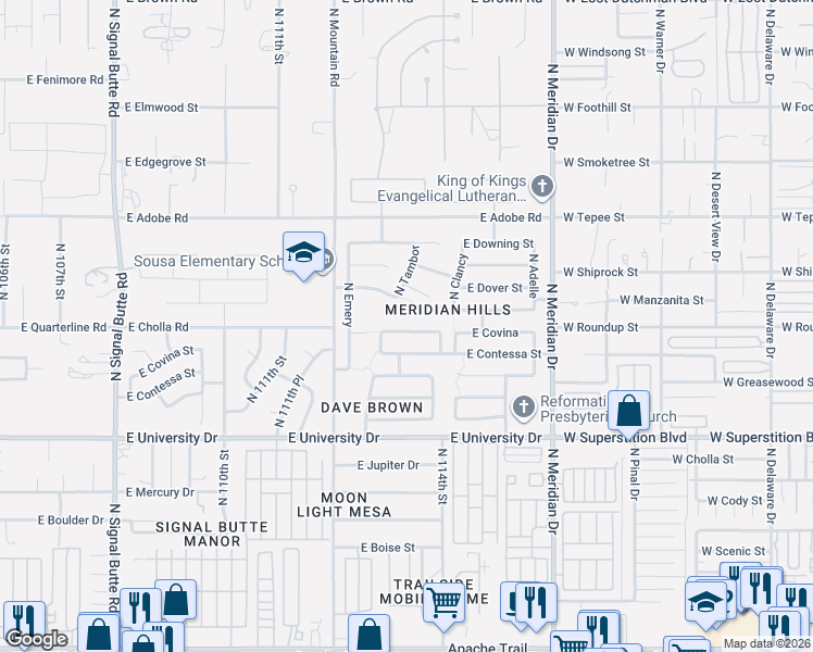 map of restaurants, bars, coffee shops, grocery stores, and more near 11318 East Covina Street in Mesa