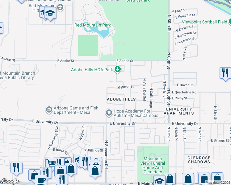 map of restaurants, bars, coffee shops, grocery stores, and more near 7640 East Decatur Street in Mesa