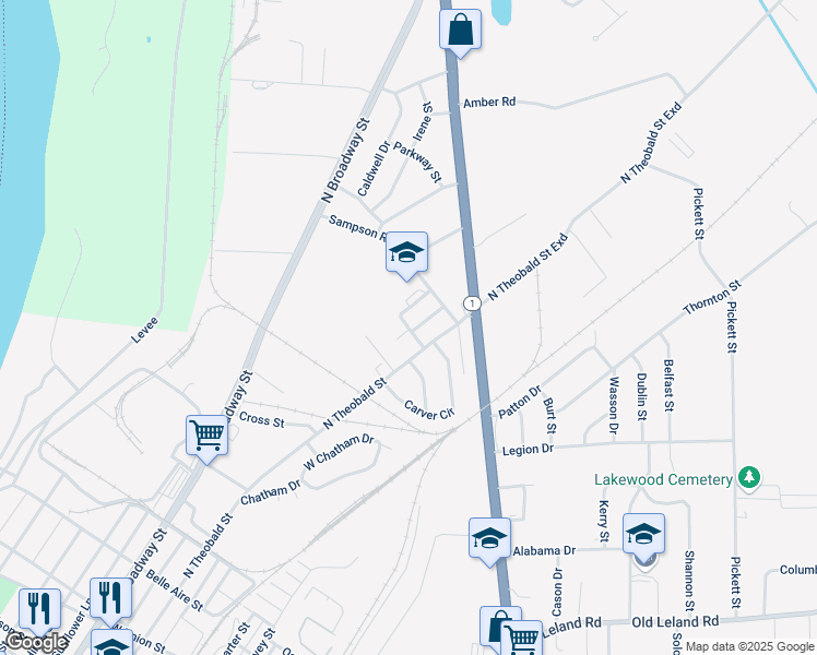map of restaurants, bars, coffee shops, grocery stores, and more near 646 Lacey Street in Greenville