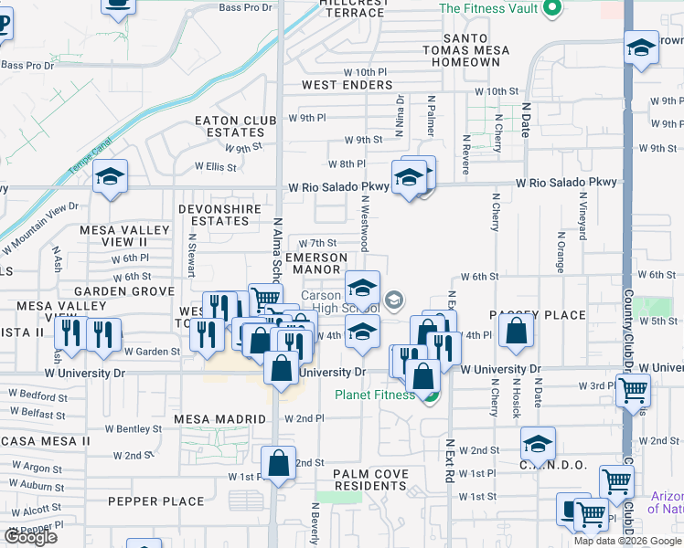 map of restaurants, bars, coffee shops, grocery stores, and more near 1030 West 6th Street in Mesa