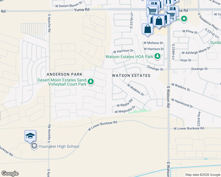 map of restaurants, bars, coffee shops, grocery stores, and more near 2260 South 238th Lane in Buckeye