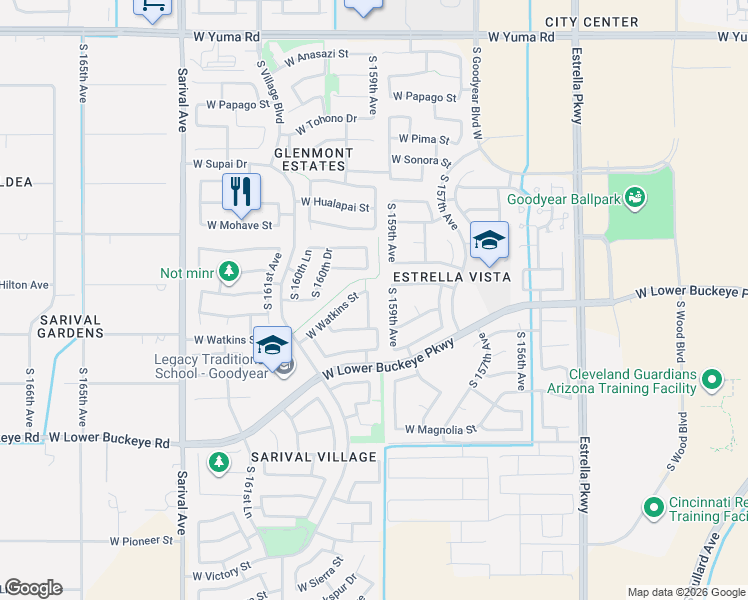 map of restaurants, bars, coffee shops, grocery stores, and more near 2419 South 159th Lane in Goodyear