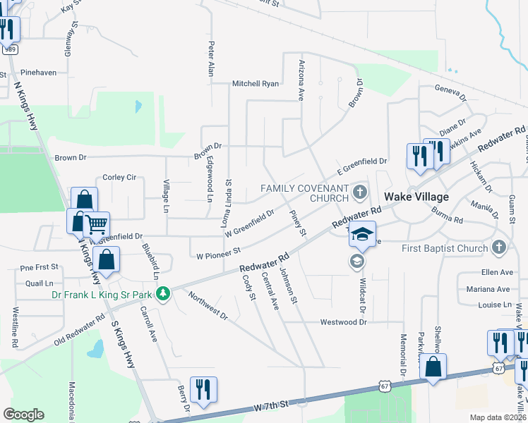 map of restaurants, bars, coffee shops, grocery stores, and more near 109 East Greenfield Drive in Wake Village