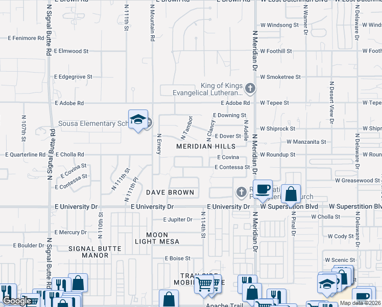 map of restaurants, bars, coffee shops, grocery stores, and more near 11318 East Covina Street in Mesa