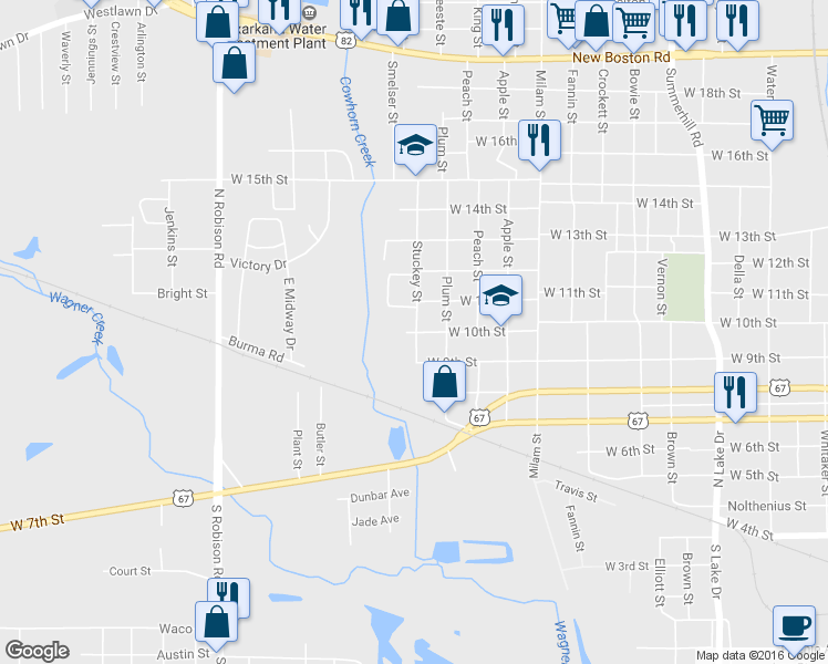 map of restaurants, bars, coffee shops, grocery stores, and more near 2620 West 10th Street in Texarkana