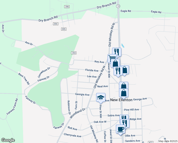 map of restaurants, bars, coffee shops, grocery stores, and more near 411 Florida Avenue in New Ellenton