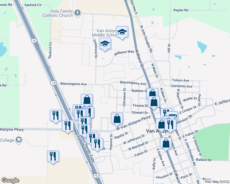 map of restaurants, bars, coffee shops, grocery stores, and more near 409 N 6th St in Van Alstyne