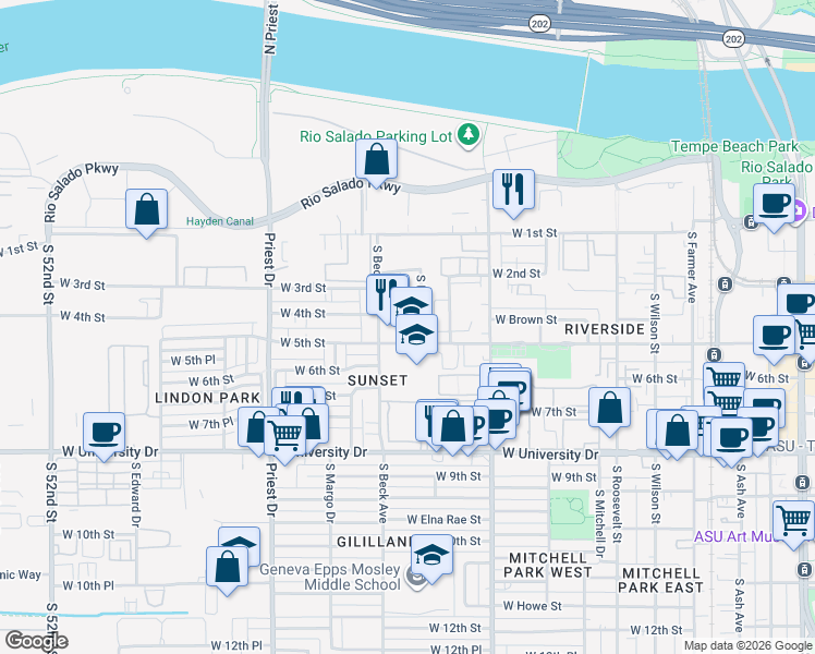 map of restaurants, bars, coffee shops, grocery stores, and more near 425 South Terry Lane in Tempe