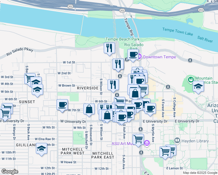 map of restaurants, bars, coffee shops, grocery stores, and more near in Tempe