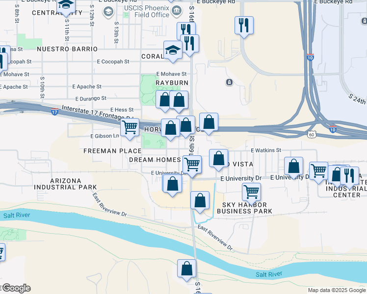 map of restaurants, bars, coffee shops, grocery stores, and more near 2303 South 15th Place in Phoenix