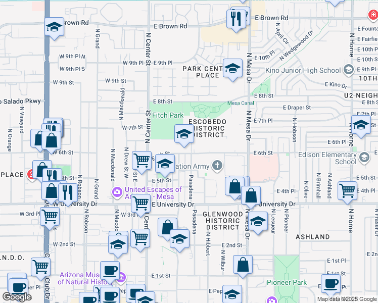 map of restaurants, bars, coffee shops, grocery stores, and more near 604 North Pasadena in Mesa