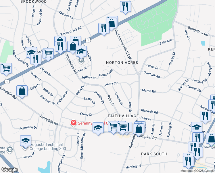 map of restaurants, bars, coffee shops, grocery stores, and more near 2344 Henry Circle in Augusta