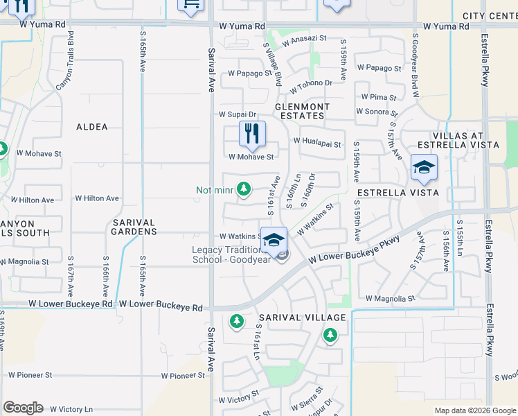 map of restaurants, bars, coffee shops, grocery stores, and more near 16177 West Hilton Avenue in Goodyear