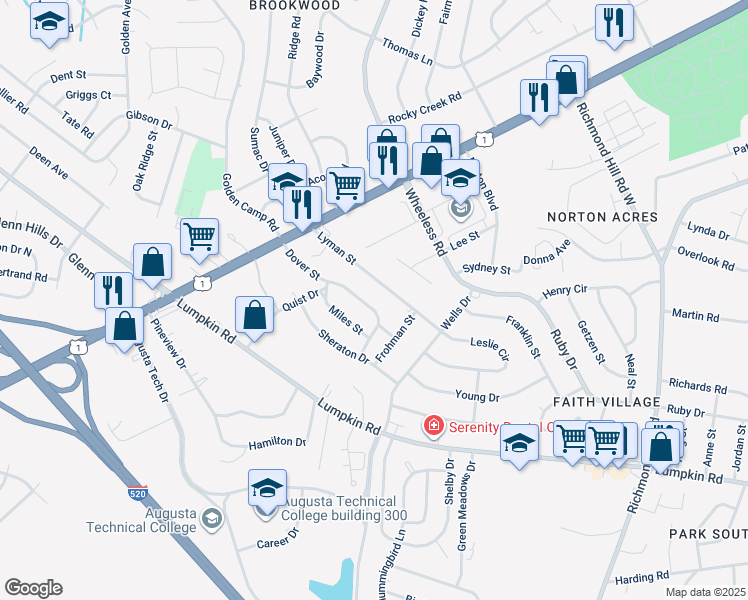 map of restaurants, bars, coffee shops, grocery stores, and more near 2537 Dover Street in Augusta