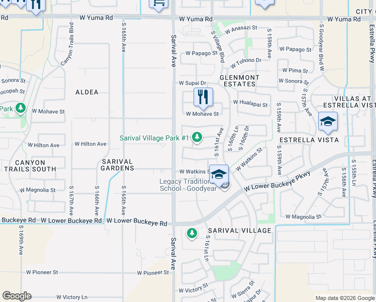 map of restaurants, bars, coffee shops, grocery stores, and more near 16215 West Hilton Avenue in Goodyear