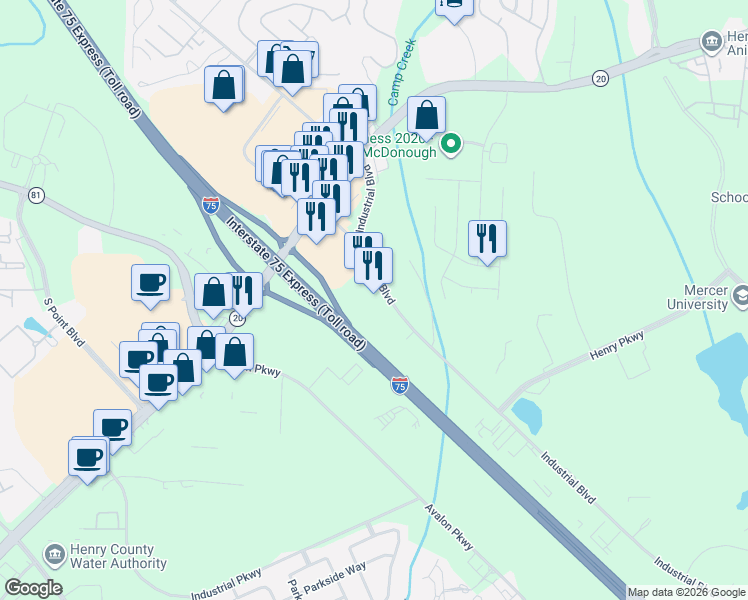 map of restaurants, bars, coffee shops, grocery stores, and more near 815 Industrial Boulevard in McDonough