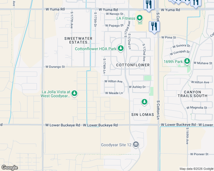 map of restaurants, bars, coffee shops, grocery stores, and more near 17390 West Ashley Drive in Goodyear