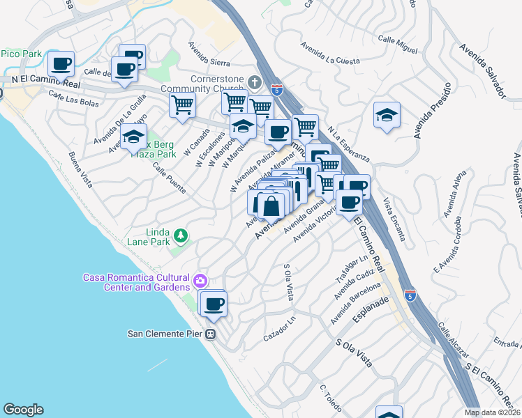 map of restaurants, bars, coffee shops, grocery stores, and more near 214 Avenida Cabrillo in San Clemente