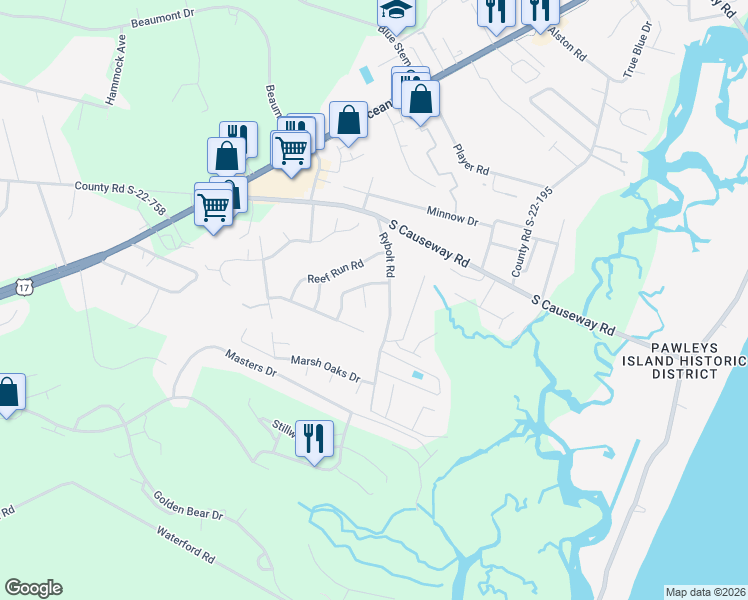 map of restaurants, bars, coffee shops, grocery stores, and more near 26 Windward Way in Pawleys Island