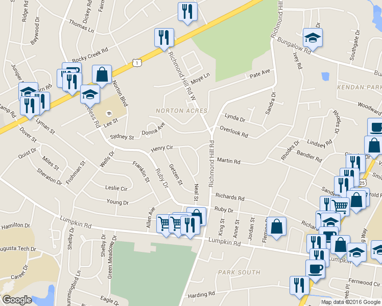 map of restaurants, bars, coffee shops, grocery stores, and more near 2318 Henry Circle in Augusta
