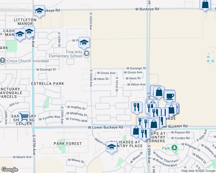 map of restaurants, bars, coffee shops, grocery stores, and more near 2139 South 101st Lane in Tolleson