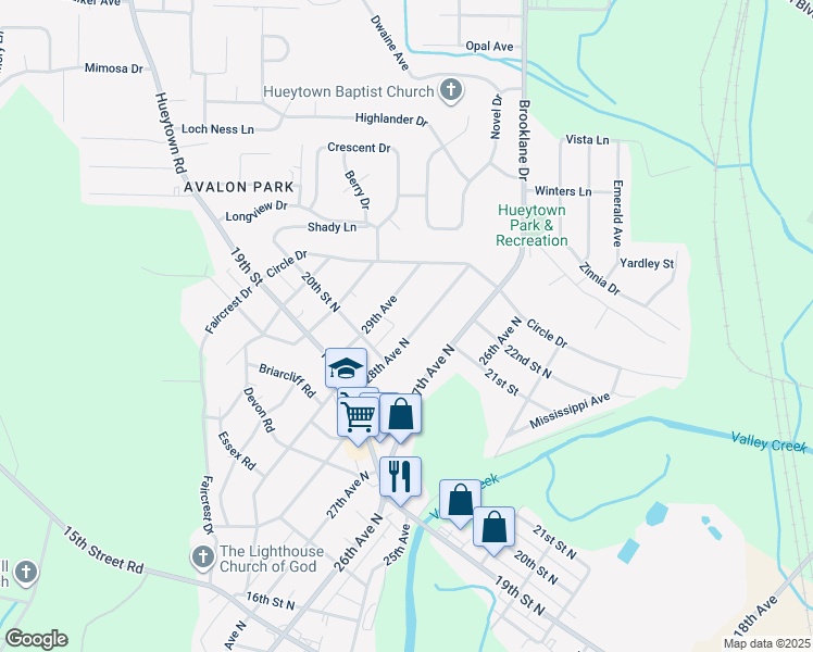 map of restaurants, bars, coffee shops, grocery stores, and more near 2032 28th Avenue North in Hueytown