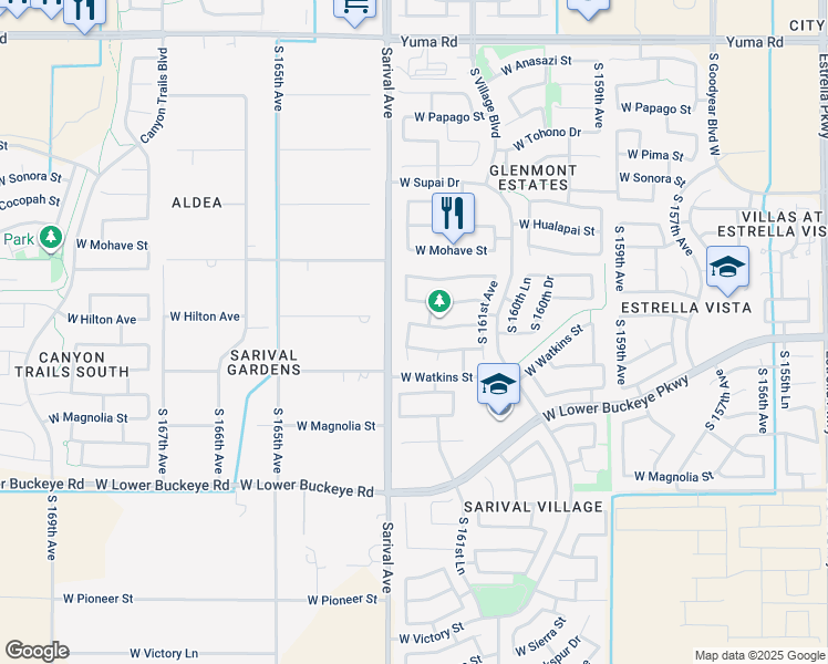 map of restaurants, bars, coffee shops, grocery stores, and more near 16215 West Hilton Avenue in Goodyear